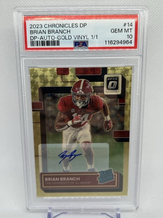 Brian Branch Panini Chronicles Draft Picks Donruss Optic #14 Autograph-Gold Vinyl 1/1