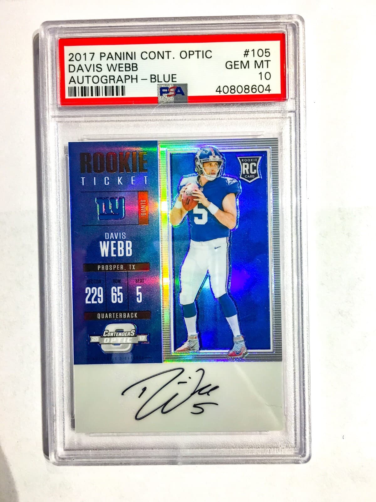 Davis Webb Panini Contenders Optic #105 Autograph-Blue