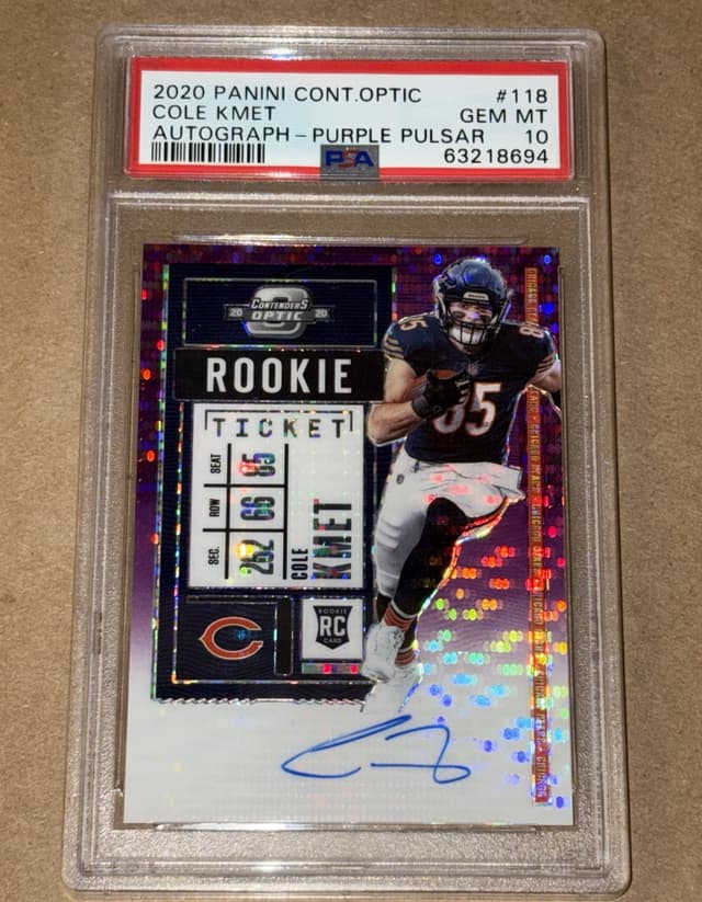 Cole Kmet Panini Contenders Optic #118 Autograph-Purple Pulsar