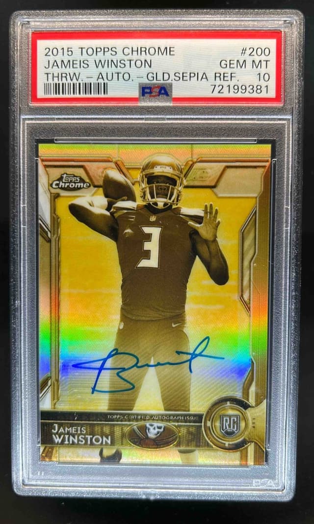 Jameis Winston Topps Chrome #200 Throwing-Autograph-Gold Sepia Refractor