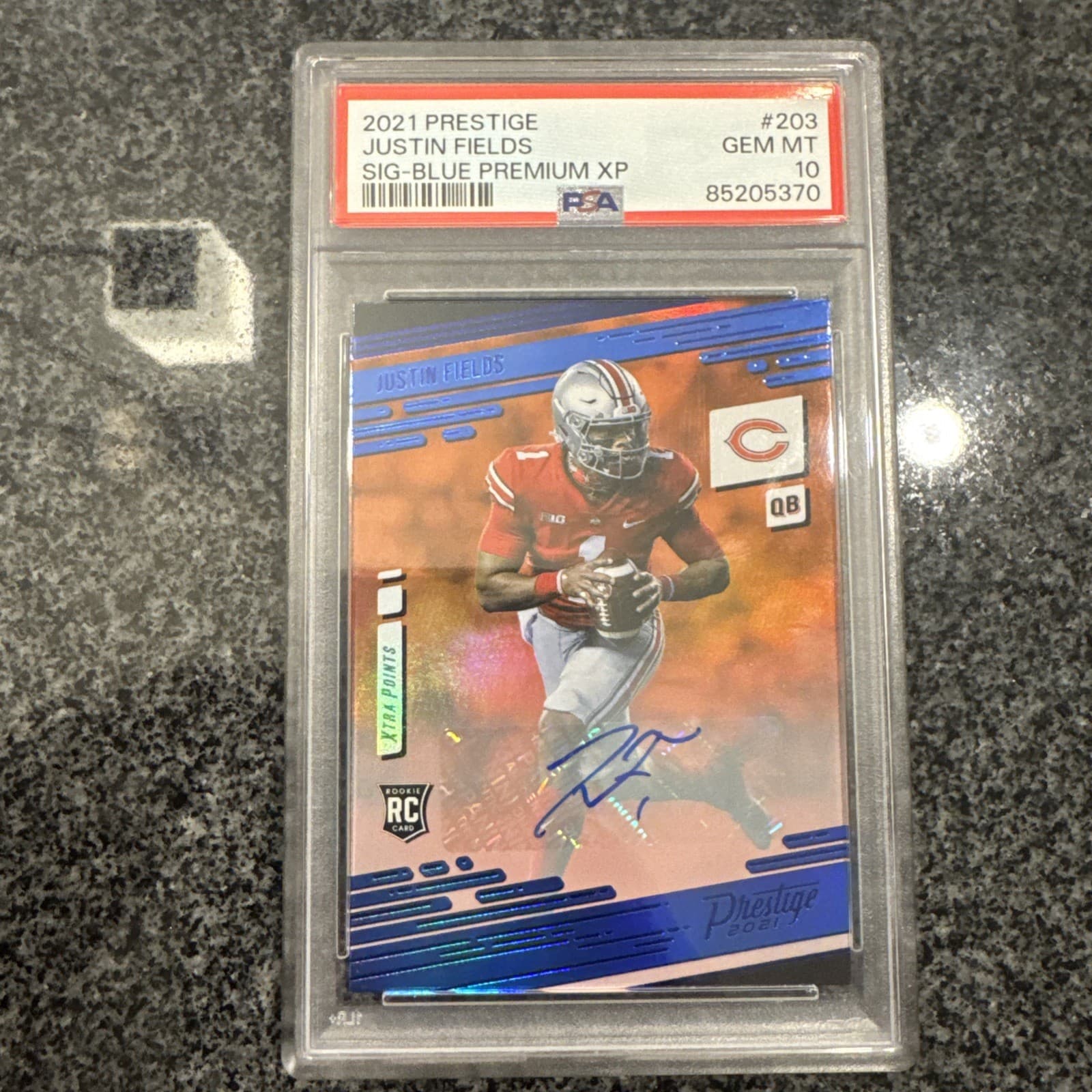 Justin Fields Panini Prestige #203 Signature-Blue Premium Xtra Points