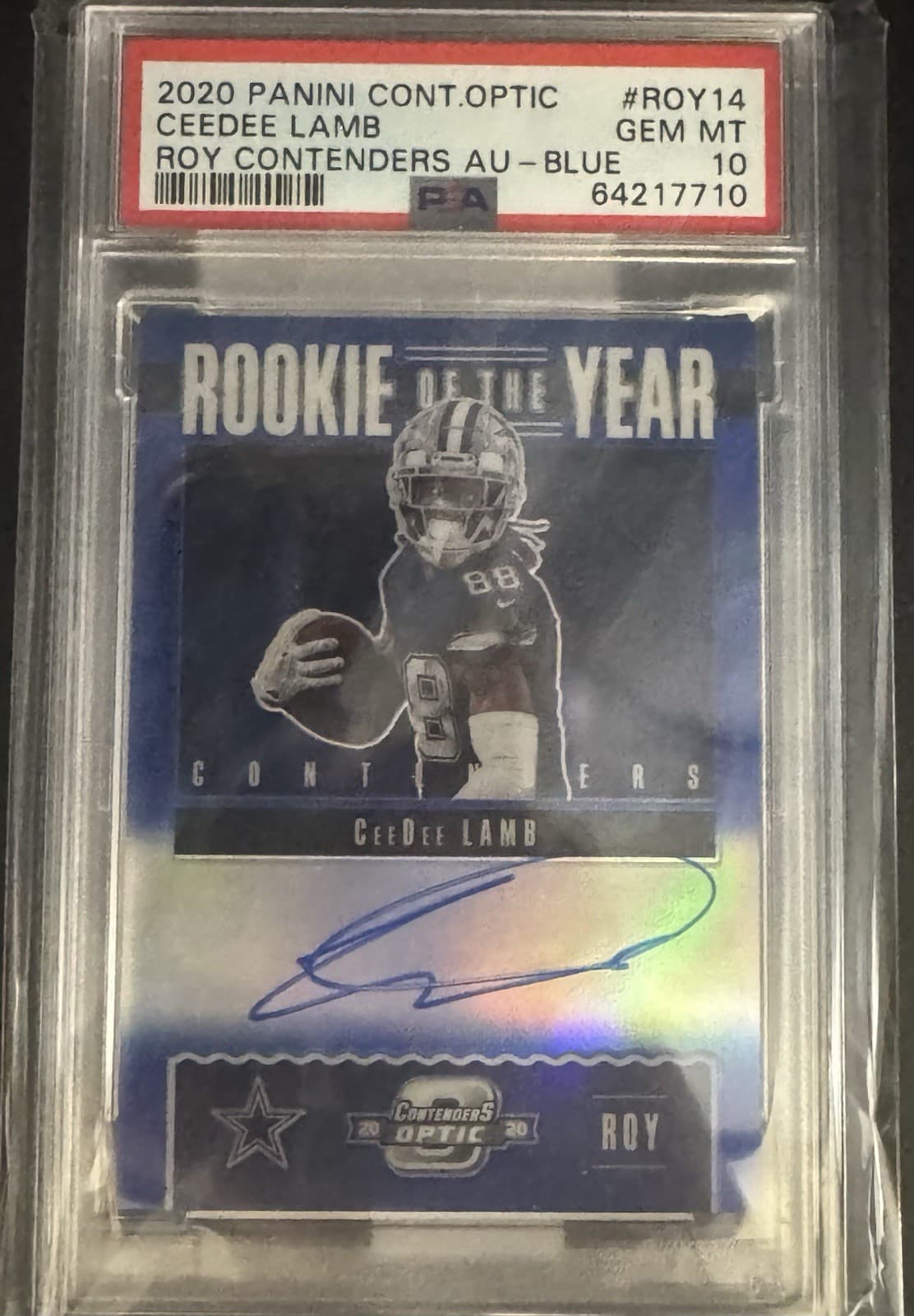 CeeDee Lamb Panini Contenders Optic Rookie of the Year Contenders Autographs #ROY14 Blue