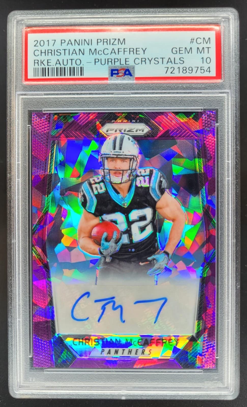 Christian McCaffrey Panini Prizm Rookie Autographs #CM Purple Crystals