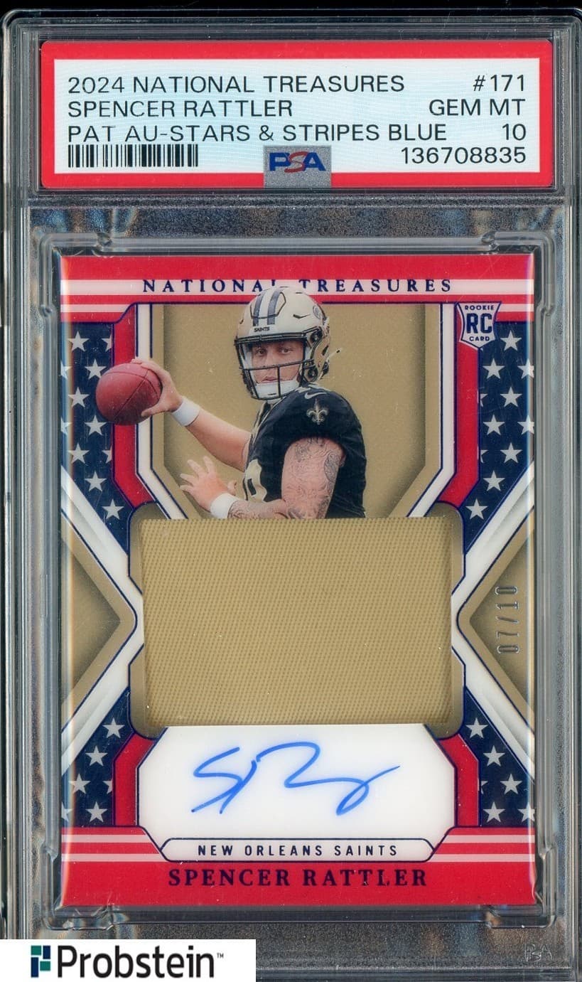 Spencer Rattler Panini National Treasures #171 Patch Autograph-Stars & Stripes Blue