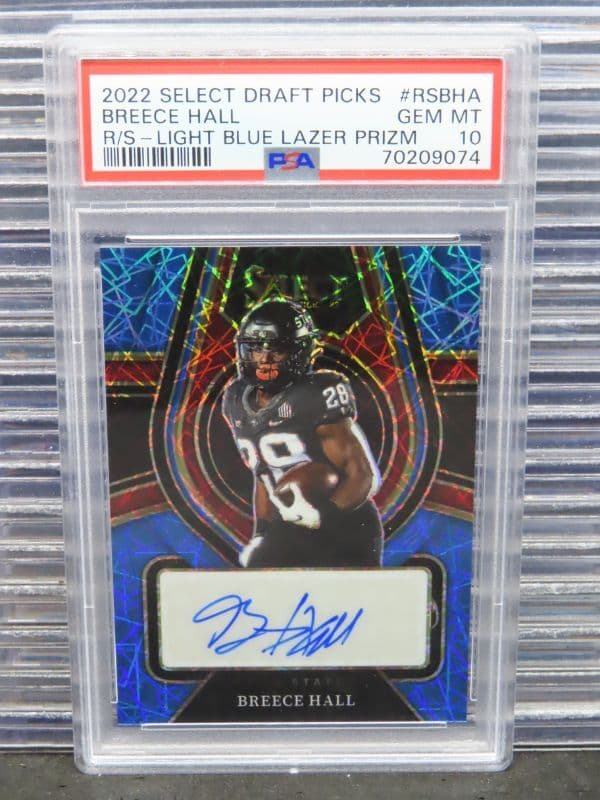 Breece Hall Panini Select Draft Picks Rookie Signatures #RSBHA Light Blue Lazer Prizm