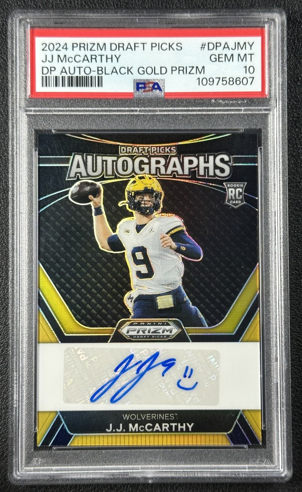 J.J. McCarthy Panini Prizm Draft Picks Draft Picks Autographs #DPAJMY Black Gold Prizm