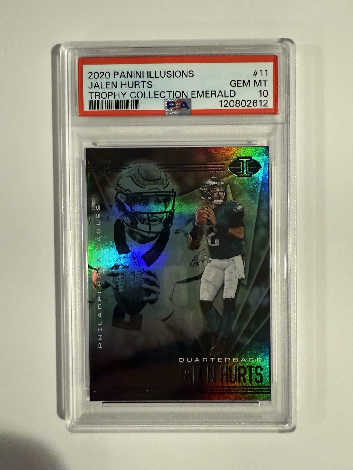 Jalen Hurts Panini Illusions #11 Trophy Collection Emerald
