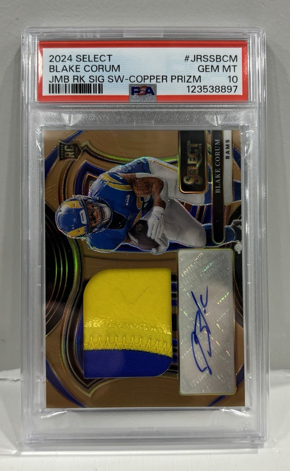Blake Corum Panini Select Jumbo Rookie Signature Swatches #JRSSBCM Copper Prizm