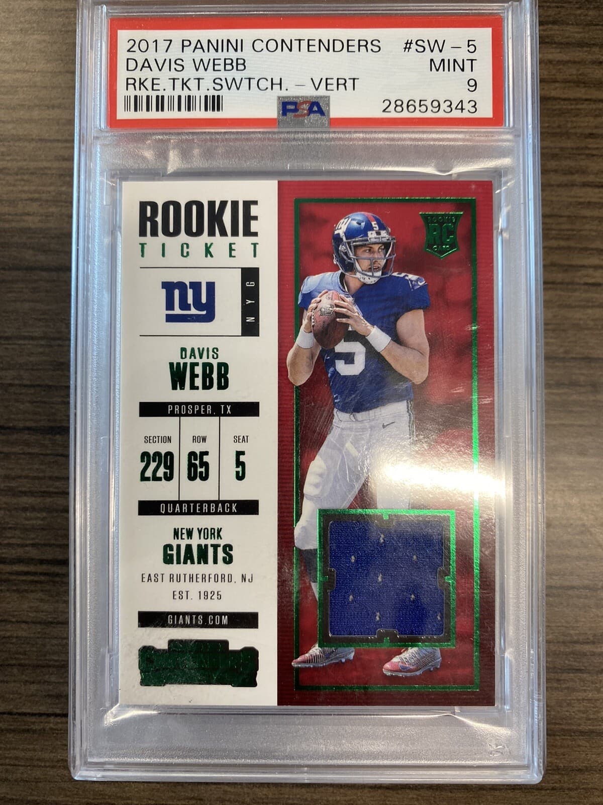 Davis Webb Panini Contenders Rookie Ticket Swatches #SW5 Vertical