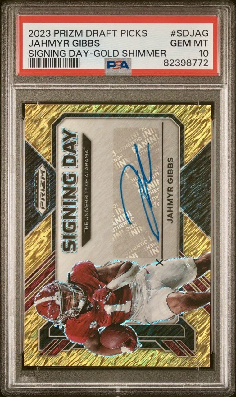 Jahmyr Gibbs Panini Prizm Draft Picks Signing Day #SDJAG Gold Shimmer