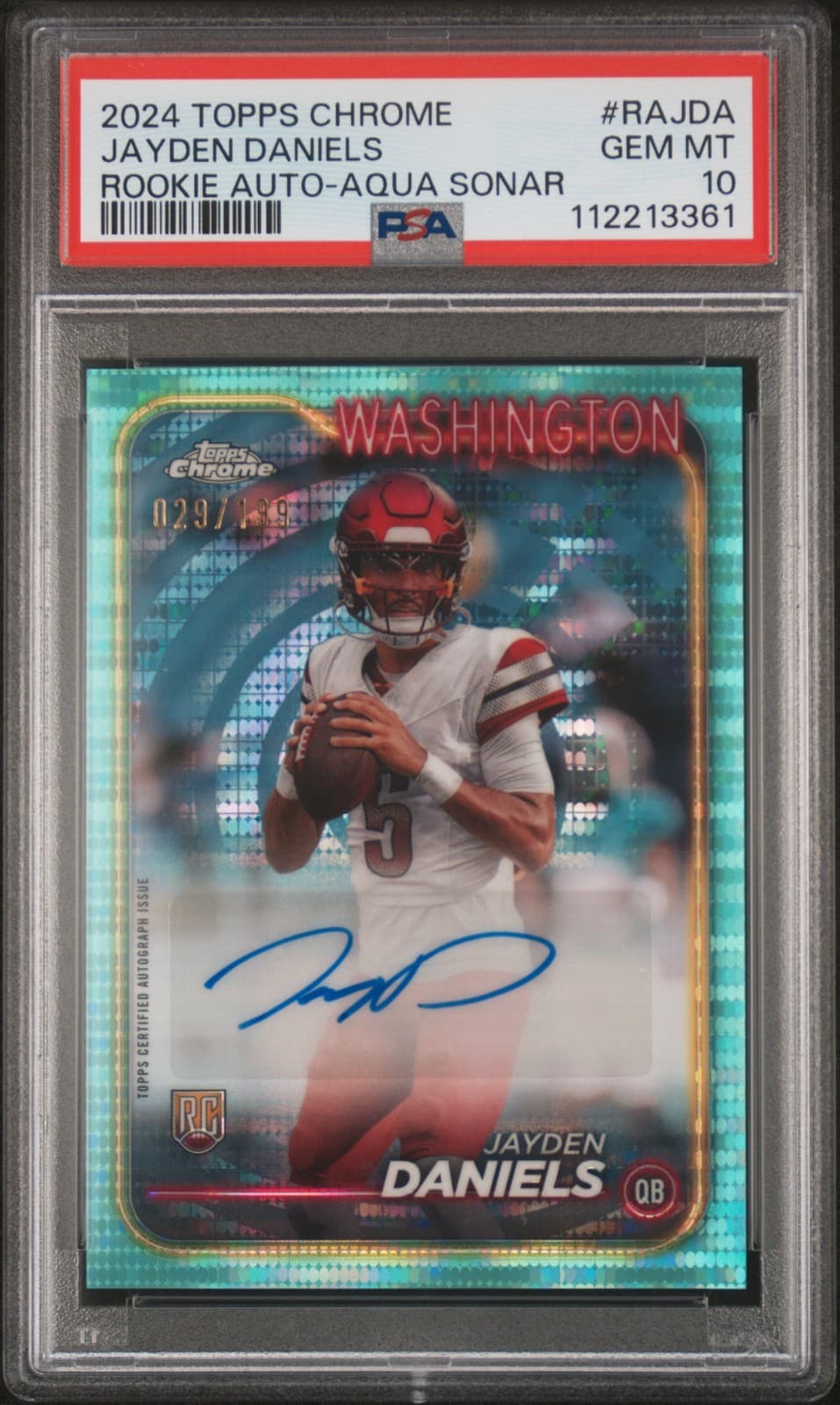 Jayden Daniels Topps Chrome Rookie Autographs Variations #RAJDA Aqua Sonar