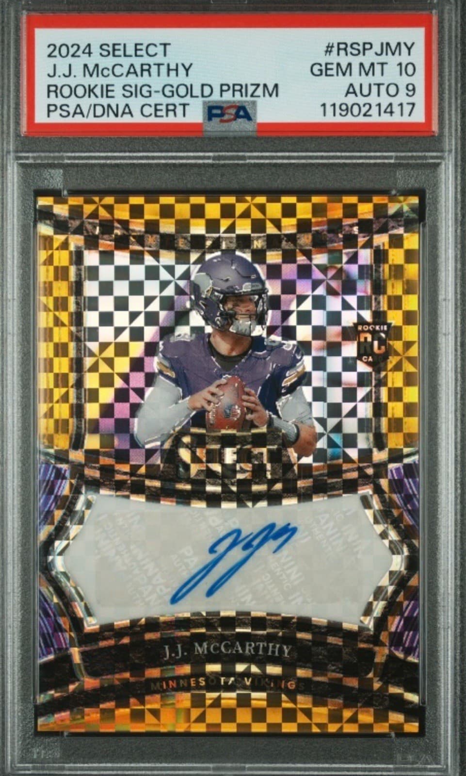 J.J. McCarthy Panini Select Rookie Signatures #RSPJMY Gold Prizm