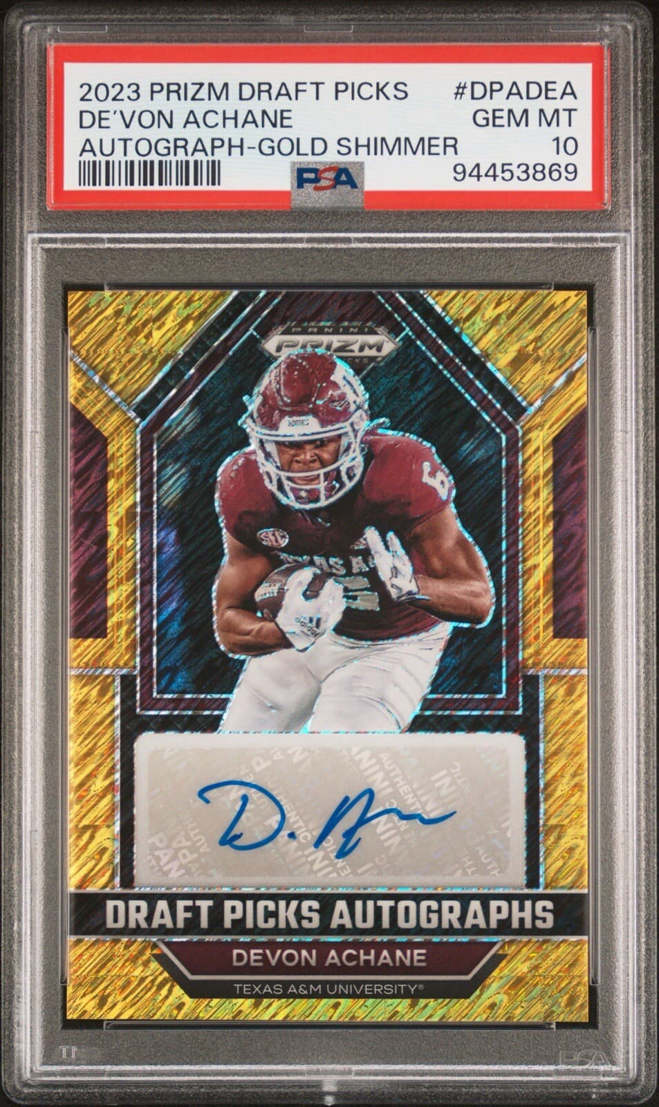De'Von Achane Panini Prizm Draft Picks Draft Picks Autographs #DPADEA Gold Shimmer