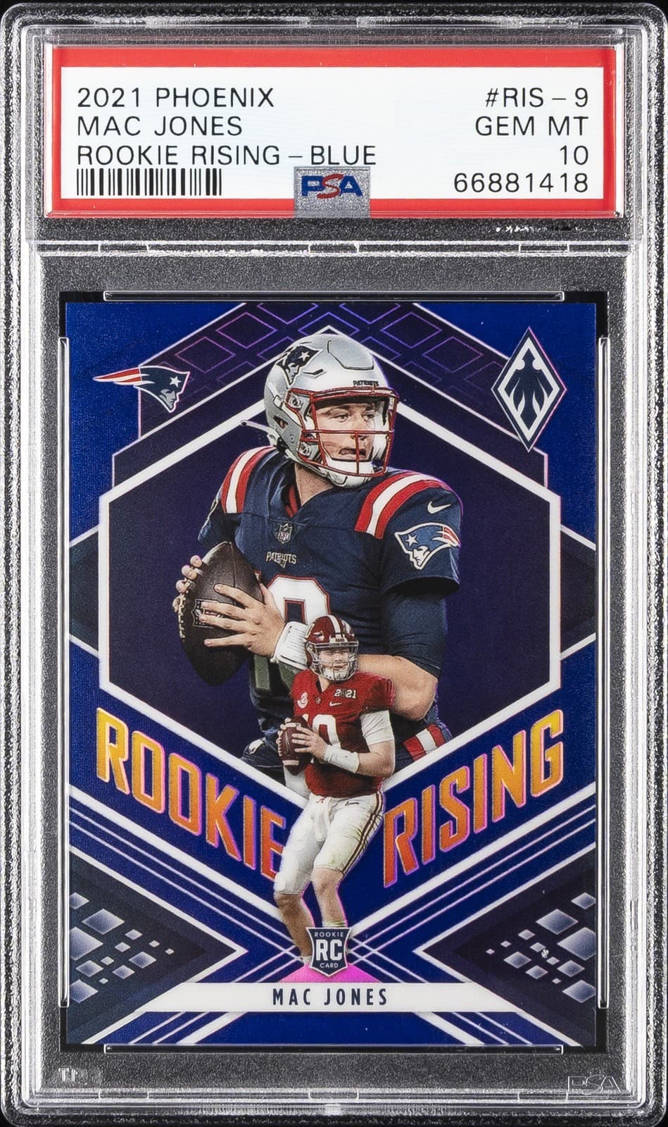 Mac Jones Panini Phoenix Rookie Rising #RIS9 Blue