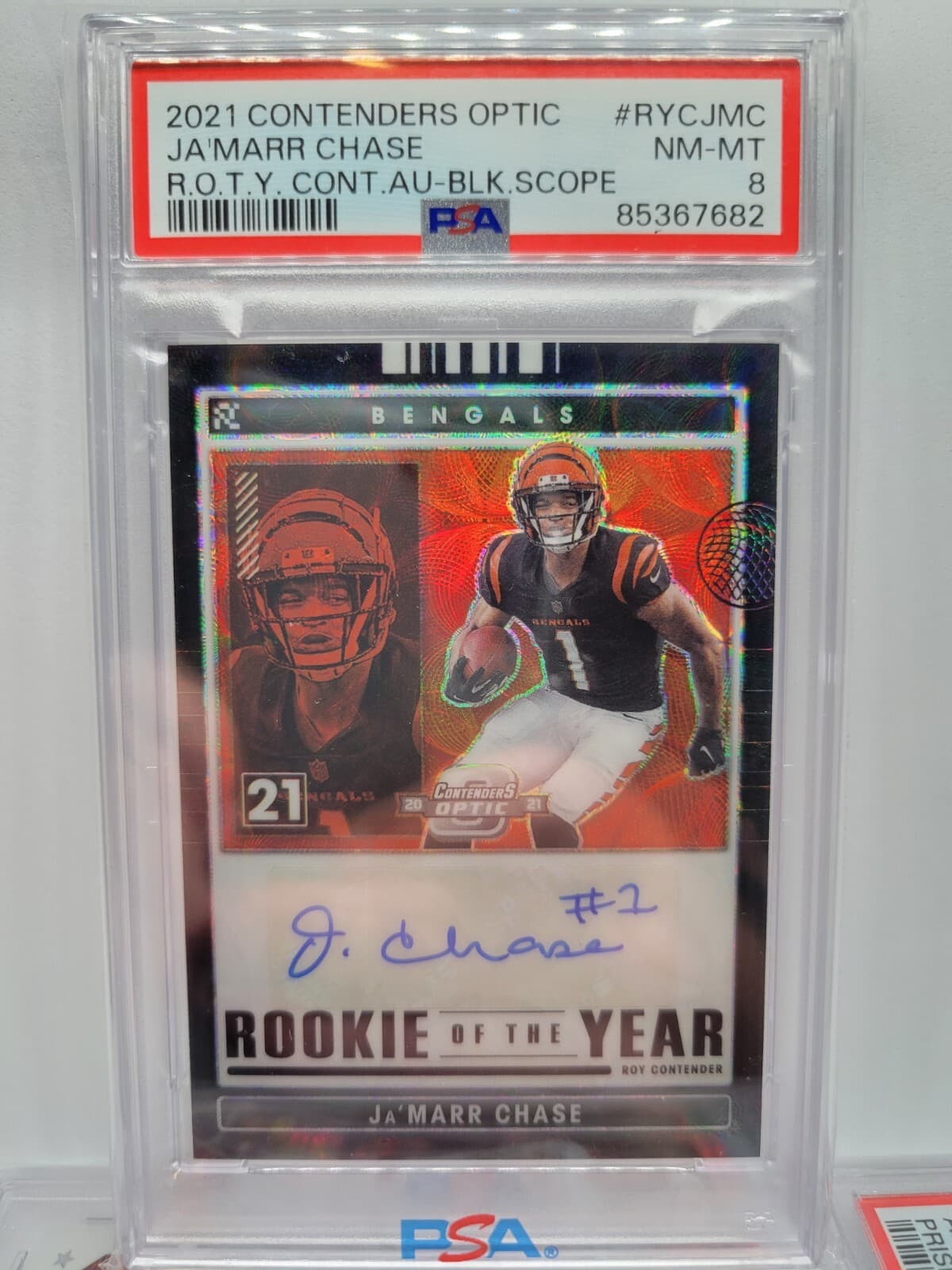 JaMarr Chase Panini Contenders Optic Rookie of the Year Contenders Autographs #RYCJMC Black Scope