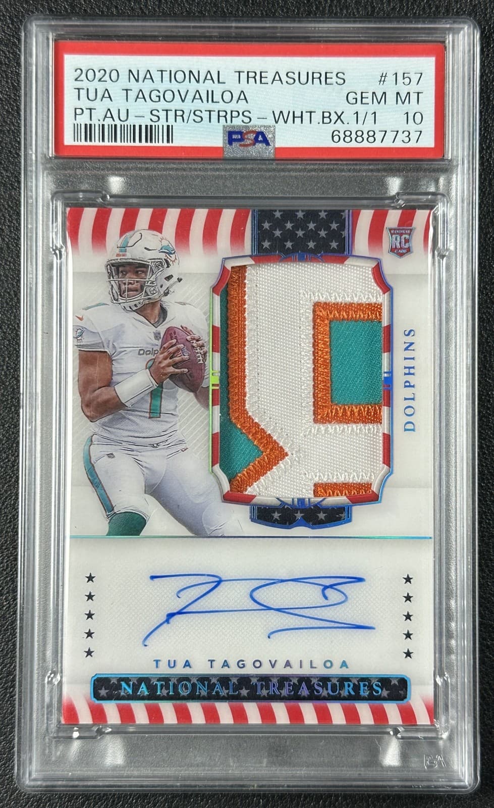 Tua Tagovailoa Panini National Treasures #157 Patch Autograph-Stars & Stripes-White Box 1/1