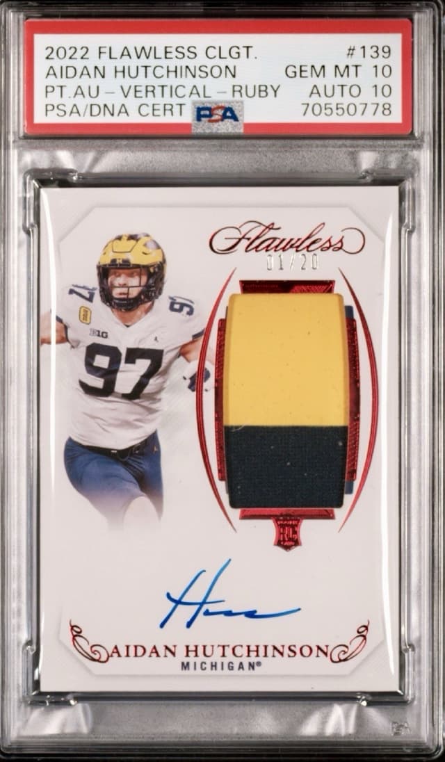 Aidan Hutchinson Panini Flawless Collegiate #139 Patch Autographs-Vertical-Ruby