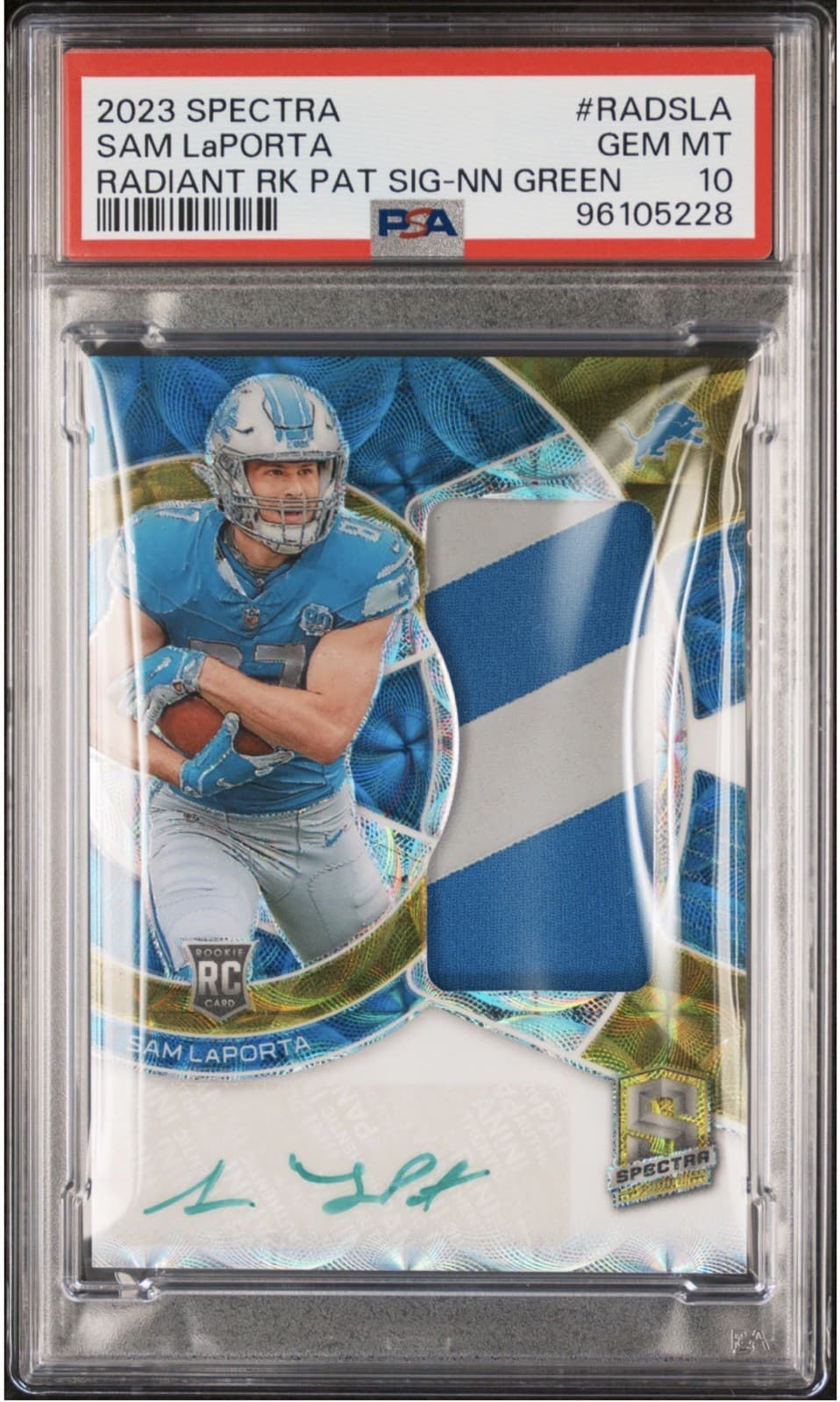 Sam LaPorta Panini Spectra Radiant Rookie Patch Signatures #RADSLA Neon Green